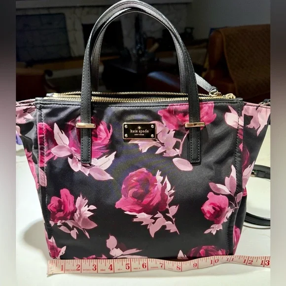 KATE SPADE Crossbody Nylon Tote, P436 Black Pink Roses - Picture 1 of 16